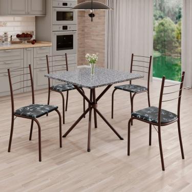 Imagem de Conjunto Sala De Jantar Mesa Quadrada 70x70cm Tampo Granito Ocre 4 Cadeiras Rio Preto Floral - Marrom