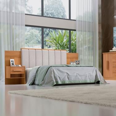 Imagem de Cabeceira Casal Queen 160 Cm Ripada 100% Mdf Estofada Isis Com 02 Mesas De Cabeceira Cinamomo-areia