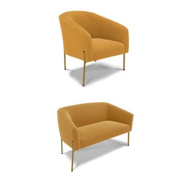 Imagem de Sofá Namoradeira E Poltrona Pé Ferro Dourado Stella Bouclê D03 - D'rossi Cor Mostarda