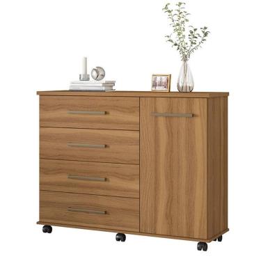 Imagem de Cômoda Flora 4 Gavetas 1 Porta em MDF com Puxador Metálico Amêndoa Acabamento Brilhante