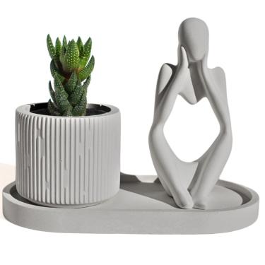 Imagem de Conjunto Decorativo 3 Peças Estátua Pensadora Vaso Contemporâneo E Bandeja Cinza