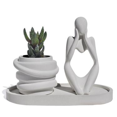 Imagem de Conjunto Decorativo 3 Peças Estátua Pensadora Vaso Saturno Bandeja Cinza