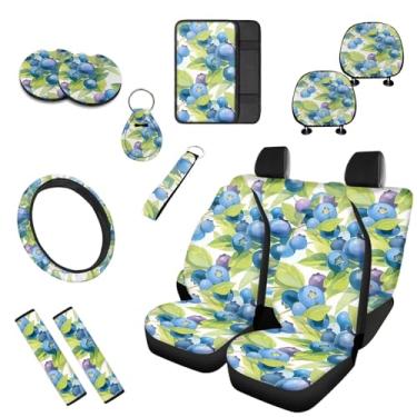 Imagem de Uskorhein Pacote com 13 capas de assento de carro Blue Berry, capas de assento de poliéster durável de frutas de verão, capa de cinto de segurança automotiva aquarela mirtilos acessórios interiores