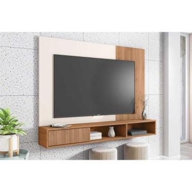 Imagem de Painel Home p/ TV até 55 Pol Ritmo Ripado c/ 1 Porta e 2 Nichos 136x180cm Freijo/Off White - Caemmun
