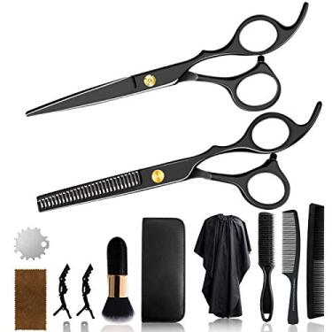 Imagem de WeTest 12 peças de tesouras de corte de cabelo, kit de cabeleireiro para casa, salão, barbeiro, presente, com tesouras de repicar, pente de barbear, clipes, kit de capa, preto