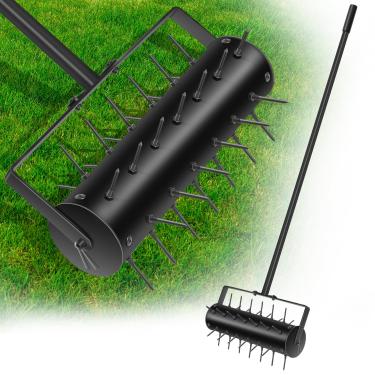 Imagem de Aerador de gramado manual de 45,72 cm, aerador de gramado, aerador manual, rolo aerador de solo com alça de aço inoxidável de 139,7 cm e capa de alça para jardim, pátio, aerador manual, preto