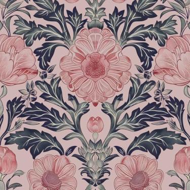 Imagem de VOLEAAR Papel de parede floral rosa descasque e cole, papéis de parede botânicos vintage, papel de contato autoadesivo Boho para quarto de menina cozinha armário de banheiro, papel de parede de vinil