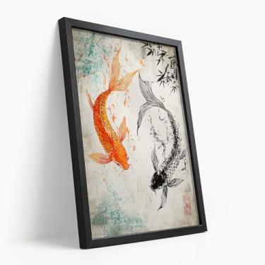 Imagem de Quadro Decorativo Carpas Japonesas Com Moldura Peixes Koi Laranja Preto Equilíbrio Oriental Água Arte Zen Pintura Tradicional Energia Boa