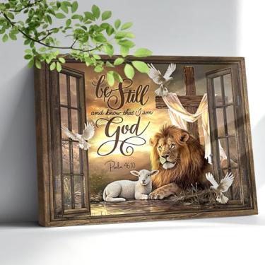 Imagem de Amsnkee Arte em tela sem moldura de 30,5 x 40,6 cm, decoração de parede cristã, leão e cordeiro com versículo da Bíblia, pintura de escritura para galeria pronta para pendurar na igreja, sala de