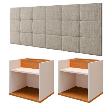 Imagem de Kit 2 Mesinhas Suspensa Madri Off/Cinamomo Nicho Divisória Retrô Cabeceira Bia 1,40 Estofado Linho Bege Cama Box Casal Quarto
