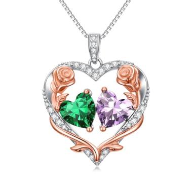 Imagem de Zoeniya Colar de coração rosa, presente para mulheres, banhado a ouro branco 18 k, pedra do mês de nascimento de 12 meses, presente de aniversário e Natal para sua esposa, namorada, 25mm, base