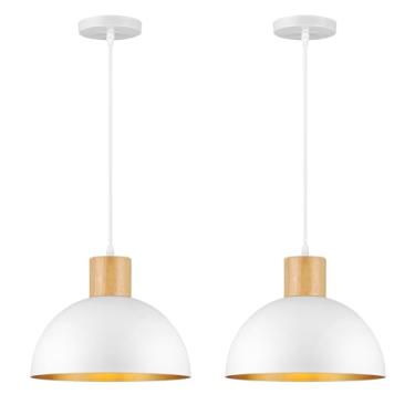 Imagem de QianZhan Luz pendente branca, pacote com 2 luminárias pendentes de cúpula de madeira ajustáveis e modernas, para cozinha, ilha, sala de jantar, casa de fazenda, bar, restaurante