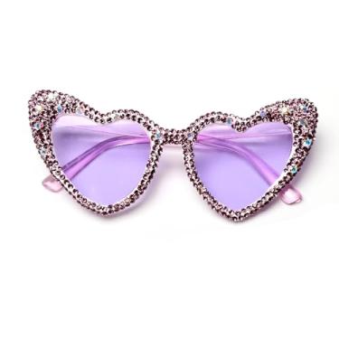 Imagem de ICARA Óculos de sol moderno com strass coração amor retrô olho de gato diamante óculos de sol festa engraçada ao ar livre para mulheres e homens, Ab roxo