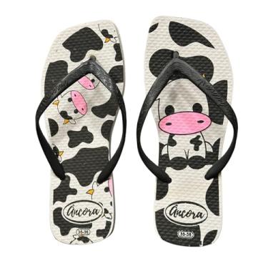 Imagem de Chinelo Feminino Bico Quadrado Estampado de Vaquinha Preto e Branco Sandália Confortável e Estiloso Verão (BR, Adulto, Faixa Numérico, 33, 34)