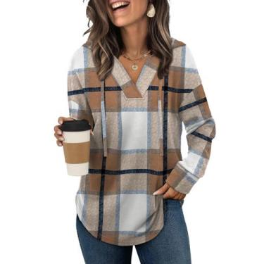 Imagem de Suéter feminino leve de Halloween com capuz SAMPEEL, marrom, xadrez