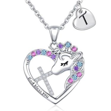 Imagem de Colar com cruz de unicórnio para meninas – Colar colorido com coração de zircônia cúbica e unicórnio, presente de aniversário, batismo, Natal para meninas e adolescentes, 16”+2”, Latão Zircônia cúbica