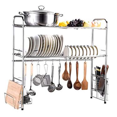 Imagem de CLLBANT Escorredor de pratos, escorredor de pratos lava-louça de cozinha em aço inoxidável de 2 níveis escorredor de pratos escorredor talheres filtro de água organizador de louça 3 tamanhos