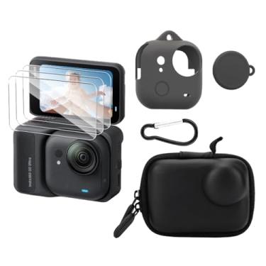 Imagem de HUADU Protetor de tela (3 + 2 unidades) compatível com câmera Insta360 GO Ultra, filme de vidro temperado, cobertura total com capa de silicone e estojo rígido para transporte de viagem (preto)