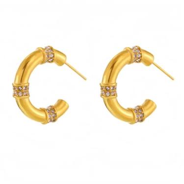 Imagem de RueraHoo Brincos geométricos em forma de C com zircônia, aço inoxidável banhado a ouro 18K PVD – Presente de joia elegante, middle, Pérola, Pérola