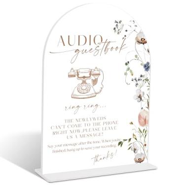 Imagem de Placa de áudio floral Boho para livro de visitas, placa acrílica em arco com suporte, sinalização de casamento para recepção, decoração de mesa de chá de panela, decorações de festa de noivado, itens