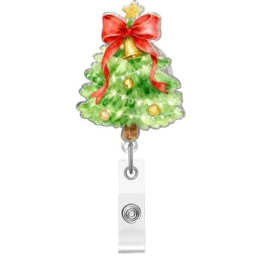 Imagem de Carretel de crachá de Natal, crachá de acrílico de árvore de Natal para crachá de identificação, suporte de crachá retrátil de sino de laço, acessórios de clipe de jacaré para enfermeiras