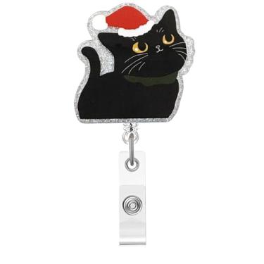Imagem de Carretel de crachá de Natal, gato com chapéu, crachá de acrílico para crachá de identificação, suporte de crachá retrátil telescópico engraçado, acessórios de clipe de jacaré para enfermeiras