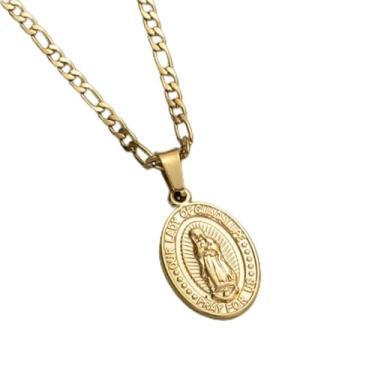 Imagem de Colar com pingente de Virgem Maria Nossa Senhora de Guadalupe em ouro 14K prateado para mulheres e homens, pingente oval da Virgem Maria com colar de corrente Fígaro, chain length: 22", Metal, Sem