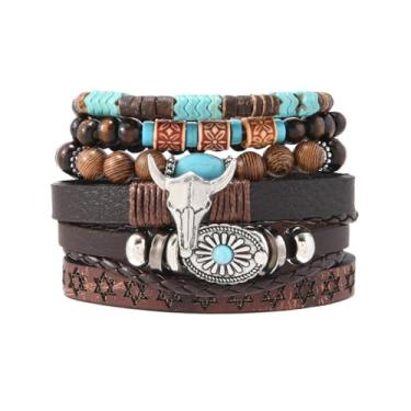 Imagem de ONBRIG Pulseiras femininas boho ocidentais empilháveis de couro com pingente de cabeça de vaca turquesa roupas de vaqueira ocidental para mulheres, roupas de concerto, acessórios de vaqueira, joias
