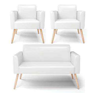 Imagem de Sofá Namoradeira Com 2 Poltronas Pés Palito Natural Marisa Corano D03 - D\'rossi Cor Branco