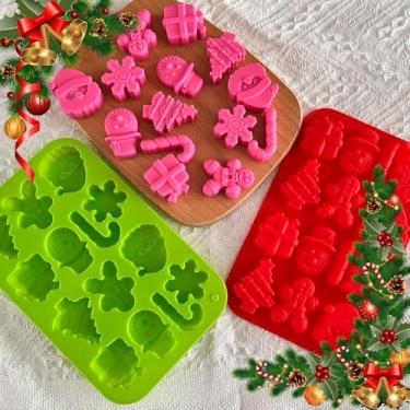 Imagem de Moldes de chocolate de silicone de Natal, 2 peças de moldes de pastelaria de doces, árvore de Natal 3D, floco de neve, bengala, homem de gengibre, boneco de neve, molde de Papai Noel em forma de doce