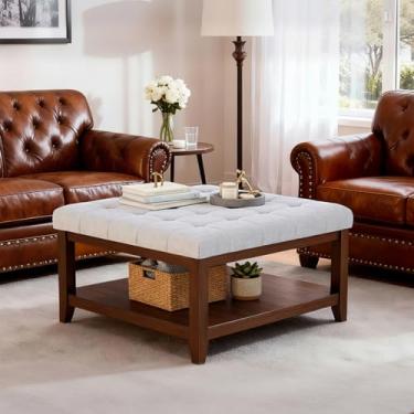 Imagem de ABHENG Otomana quadrada grande de 80 cm, mesa de sofá de madeira de seringueira sólida com prateleira aberta, banco de pé carrega até 150 kg, chenille branco UASND67W