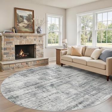 Imagem de Tapete redondo de 2,4 m para sala de estar: 20 x 20,3 cm, lavável, neutro, abstrato, moderno, macio, antiderrapante, piso interno, tapete resistente a manchas para quarto, sala de jantar, escritório