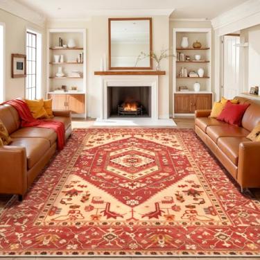 Imagem de SERISSA Tapetes de área de 22 x 30,5 cm para sala de estar, tapete boho grande lavável, antiderrapante, ultramacio, vintage, vermelho, bege, estampa oriental, para sala de jantar, quarto, dormitório