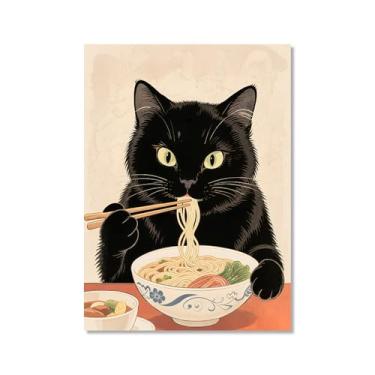Imagem de Arte de parede em tela de gato preto engraçado vintage japonês gato comendo ramen imagem única amante de gatos para decoração de parede de cozinha e sala de jantar (SKU1,20.3x30.5 cm = (20x30 cm), sem