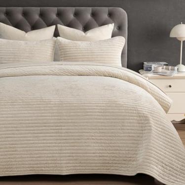 Imagem de PHF Conjunto de colcha de veludo de luxo King Size – 3 peças ultramacias com canal listrado, colcha acolchoada aconchegante, presente de herança, 1 cobertor com 2 fronhas combinando, 274 cm x 233 cm