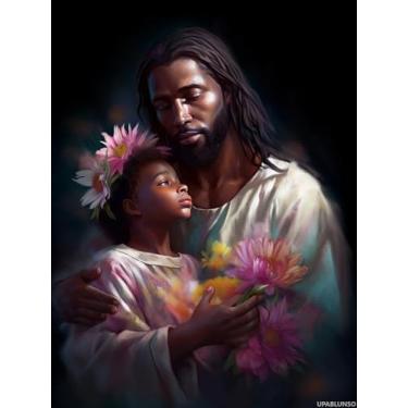Imagem de UPABLUNSO Kits de pintura de arte de diamante para adultos, Jesus preto abraçando flores, religião cristã, 5D, faça você mesmo, tinta redonda completa com pontos de diamante, decoração de parede para
