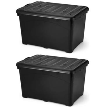 Imagem de Kit 02 Caixa Organizadora 95 Litros Preta Reforçada Com Trava e Rodinhas Container - Container para Armazenamento
