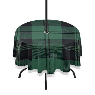 Imagem de Qilmy Toalha de mesa xadrez xadrez de Natal 152 cm redonda à prova d'água com orifício para guarda-chuva e zíper – uso externo / interno resistente para pátio, churrascos, piqueniques, festas (serve