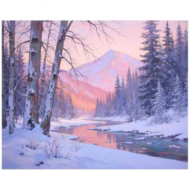Imagem de Kit de pintura de montanha de inverno por números para adultos - paisagem de neve faça você mesmo com rio e pinheiros em tela 40,6 x 50,8 cm, conjunto de tinta acrílica, arte de parede para decoração