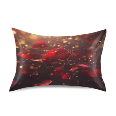 Imagem de JUZIHAI Fronha de cetim rosa vermelha, fronha de seda suave e fresca, fronha de seda com fecho de envelope macio e respirável para cabelo e pele, tamanho padrão 51 x 66 cm x 1