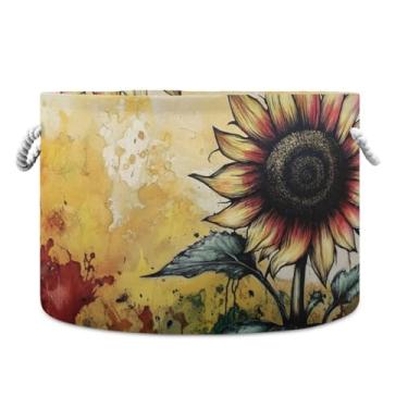 Imagem de JUZIHAI Cesta de armazenamento dobrável com pintura de tinta de girassol, cesto de roupa suja para bebê, cobertor com alças de corda de algodão, caixa organizadora de armário dobrável para quarto