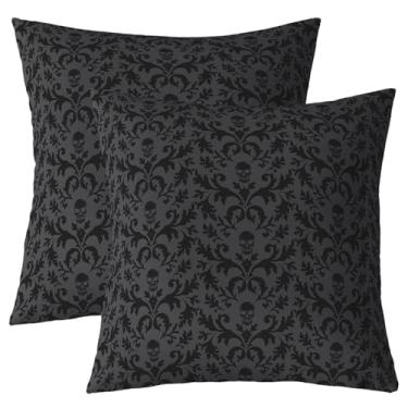 Imagem de jejeloiu Capa de almofada preta damasco 61 cm x 61 cm conjunto de 2 capas macias para meninas, meninos, crianças, decoração de caveira, gótica, decoração de quarto, vintage, floral, jacquard, boêmia