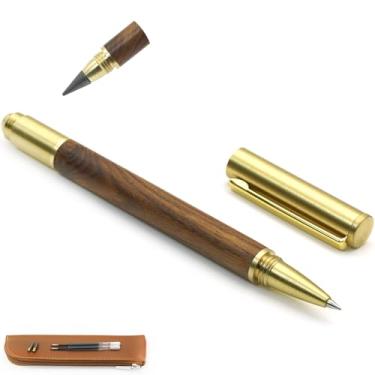 Imagem de YEEMO Conjunto de canetas esferográficas luxuosas de madeira e latão – Caneta extravagante 2 em 1 com lápis, inclui 2 refis sobressalentes e bolsa de caneta, caneta exclusiva para negócios, escritório