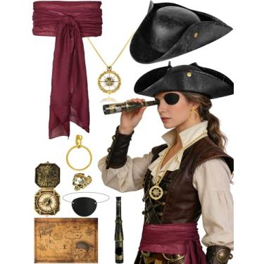Imagem de Conjunto de chapéu de pirata de tricórnio vintage masculino e feminino com colar, faixa de pirata, conjunto de acessórios de cinto, Preto, tamanho �nico