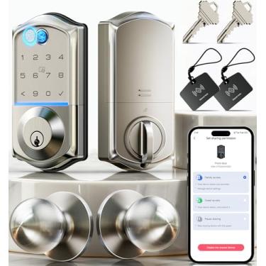 Imagem de Veise VE017-K Fechadura inteligente de impressão digital com 2 maçanetas, controle de aplicativo, fechadura frontal de porta de entrada sem chave com conjunto de alças, fechadura digital eletrônica, à