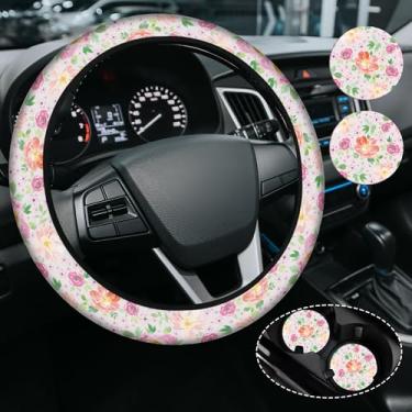 Imagem de Capa de volante floral floral em aquarela para mulheres, antiderrapante de neoprene de alta elasticidade, acessórios de carro, capas de volante, universal de 38 cm para carros, SUVS, inclui 2