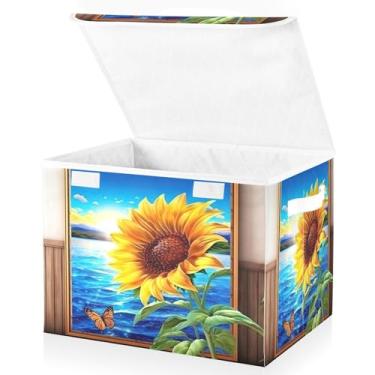 Imagem de Blueangle Cestos de armazenamento de borboleta de girassol com tampas, 42 x 32 x 30 cm, grande cesta organizadora dobrável para decoração de casa e escritório (309)