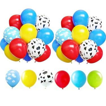 Imagem de Pacote com 30 balões de látex inspirados em brinquedos, estampa de vaca de 30 cm e estampa de nuvem, vermelho, azul, amarelo, verde, cores para decoração de aniversário de crianças, meninos, meninas,