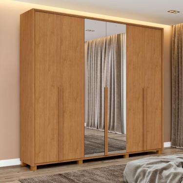 Imagem de Guarda Roupa Casal 6 Portas Amendoa Clean 4 Gavetas Easy Move MDF com Espelho Móveis Lopas
