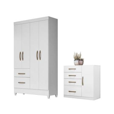 Imagem de Conjunto Guarda Roupa e Cômoda Petra 4 Portas de Bater 6 Gavetas MDP com Prateleiras e...